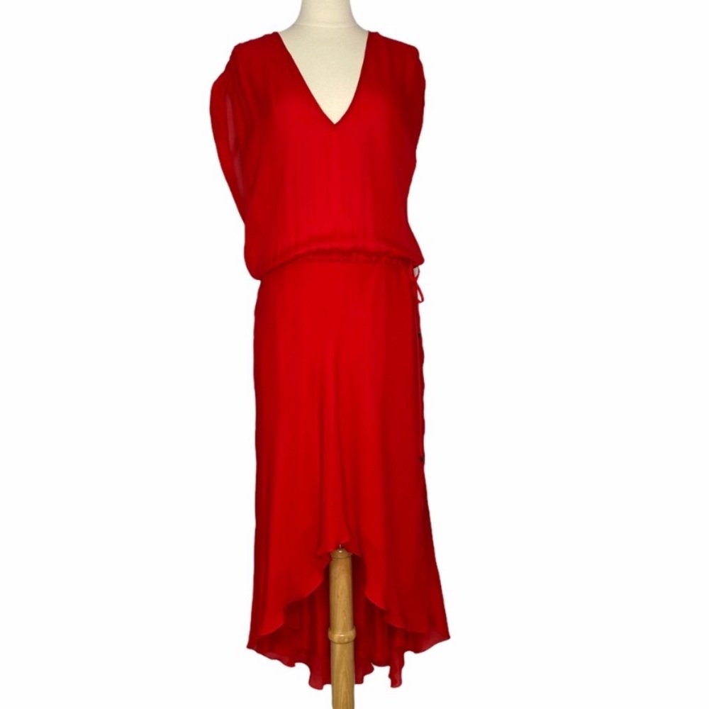 Red haute hippie drawstring high low dress deepv